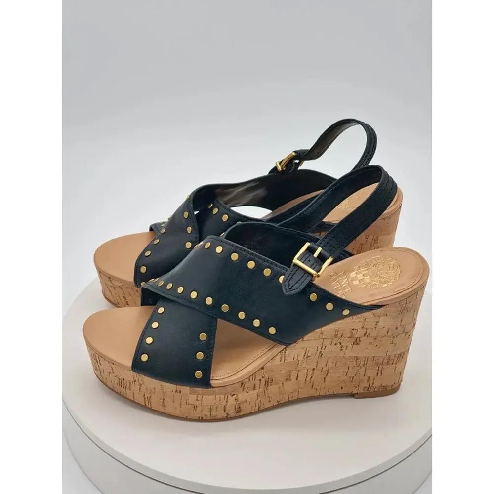 Vince Camuto Ellana Black Leather Studded Cork Wedge Sandals Women’s Size 9M New